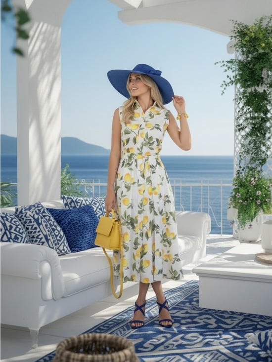Chetta B Dresses & Skirts - Chetta B White Maxi Dress with Lemon Print and Green Leaves